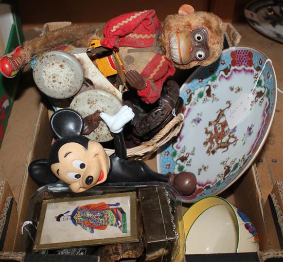 Mixed collectables, inc toys, hardwood stands, armorial plate etc.